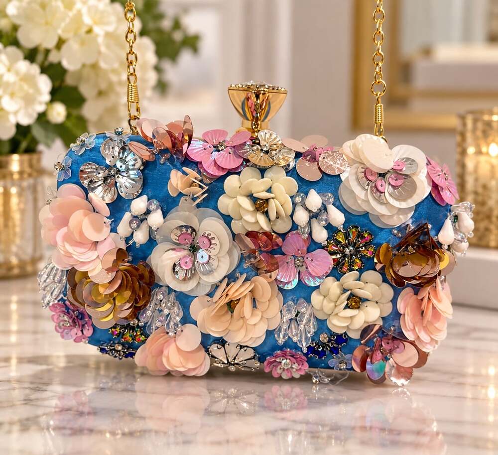 Bebe Blue Floral Applique Rhinestone Evening Purse